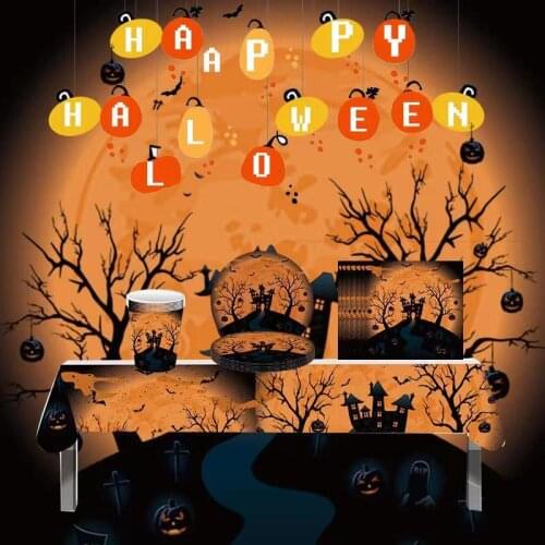 16Pcs Halloween Tableware Theme Party Tableware Set Halloween Cartoon Pumpkin Plastic Straw Paper Plate Banner Decoration Set