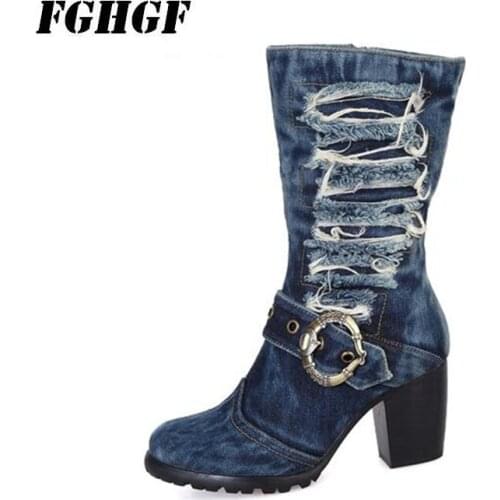 The new 2018 womens shoes fall and winter high heels wear beaded denim and stiletto womens boots knight boots