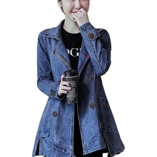 Autumn Denim Jacket Women Plus Size Long Sleeve Lapel Jeans Coat Double-breasted Loose Casual Windbreaker
