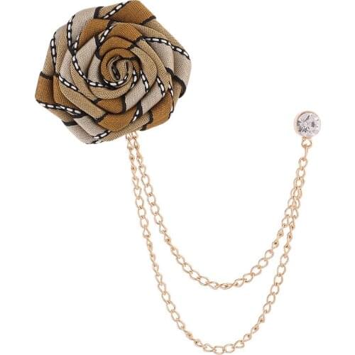 Handmade Luxury Fabric Rose Flower Brooches for Men Crystal Tassel Chain Collar Pins Suit Corsage Wedding Jewelry Gifts