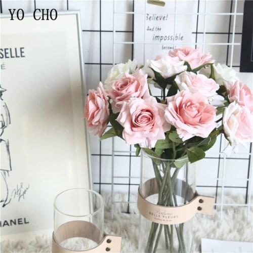 YO CHO Single Branch Rose Flower DIY Bouquet Artificial Silk Rose Flower Arrangement Bridesmaid Wedding Supply Home Party Decor