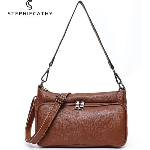 SC Functional Soft Leather Women Shoulder Bags Multi Pocket 2021 Designer Cowhide Casual Simple Crossbody Messenger Purse