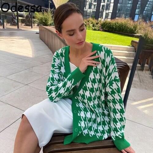 Odessa Houndstooth Sweater Cardigans Oversized Korean Fashion Button Up Women Knitted Sweaters Coats Winter Autumn Clothing 2022