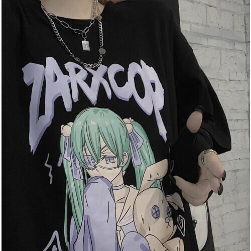 Harajuku Loose Oversized T Shirt Anime Cartoon Print Short-sleeved female summer Korean pop retrocartoon black white T-shirt top