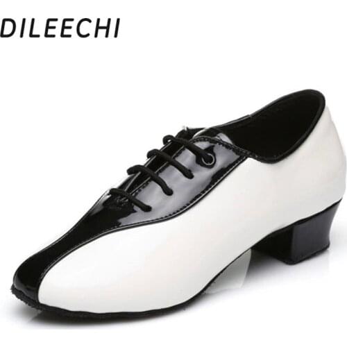 DILEECHI Male black and white PU Mens Latin dance shoes adult Ballroom dancing shoes Party Square dance shoes practice shoes