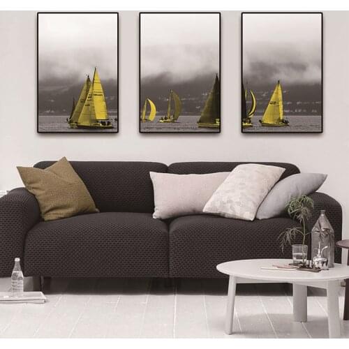 Yellow Blue Boat Sea Picture Poster Canvas Print Painting Wall Art Living Room Home Decoration