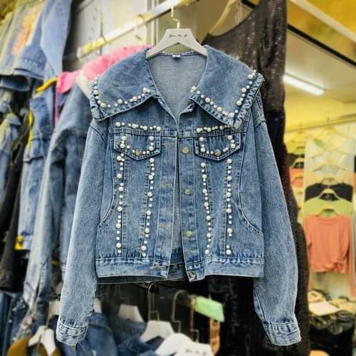 Autumn New Pearl Beaded Sailor Collar Loose Denim Jacket Women Coat Casual Single-breasted Long Sleeve Light Blue Jeans Jacket