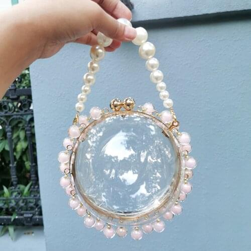 Female Chic Small Round Handbag Party Pearls Beaded Clear Circular Evening Bag Women 2021 Summer Luxury Diamonds Clutch Purse