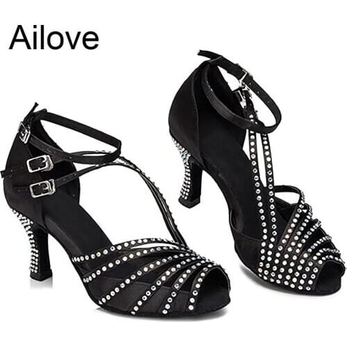Women Ballroom Latin Salsa Party Dance Shoes Rhinestone Shining with Soft Suede Sole 3 Inches heels ALS009