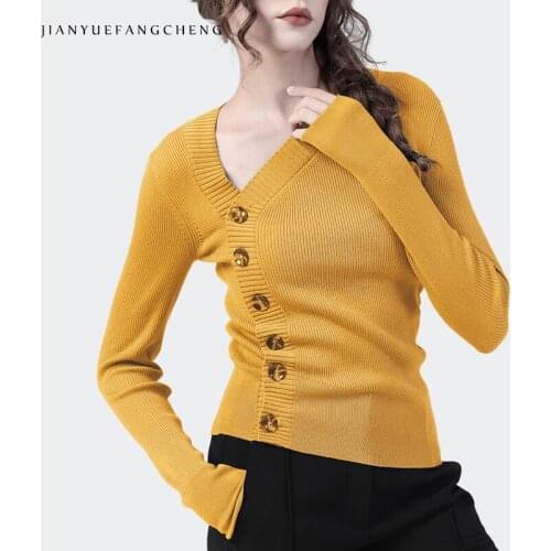 Elegant Asymmetry Women' Long Sleeve Button-Down Sweater Solid V-Neck Side Single-Breasted Fashion Slim Female Knitted Cardigans
