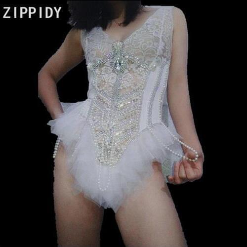 Fashion Silver Rhinestones Pearls Beading White Bodysuit Women Singer Show Leotard Nightclub Prom Clothes Performance Bodysuit