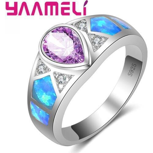 Winter Sale Exquisite Charming Water Drop Crystal Silver Ring Wide Blue Fire Opal Fashion 925 Sterling Silver Jewelry for Women