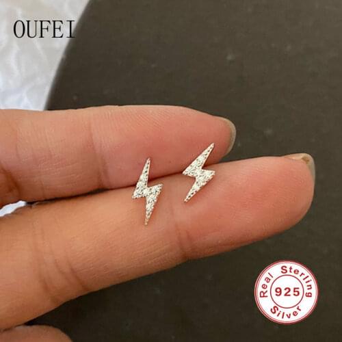 100%925 Sterling Silver Stud Earring Small Lightning Simple Student Girl Earrings For Women Crystal Fashion Summer Fine Jewelry