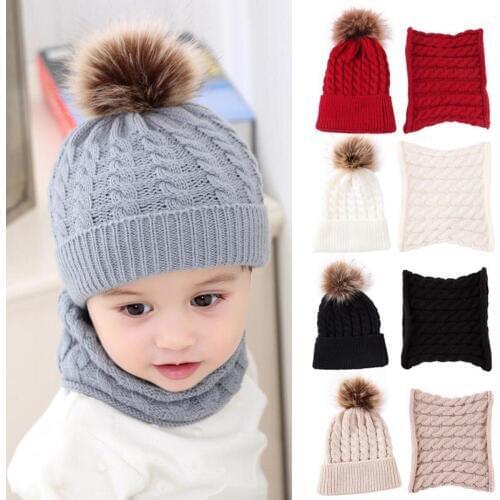2pcs/lot Winter Knitted Fluffy Ball Hat Caps Toddler Baby Girl Boys Beanies Warm Soft Scarf Wrap Neck Bib Plush Hat 0-2Years