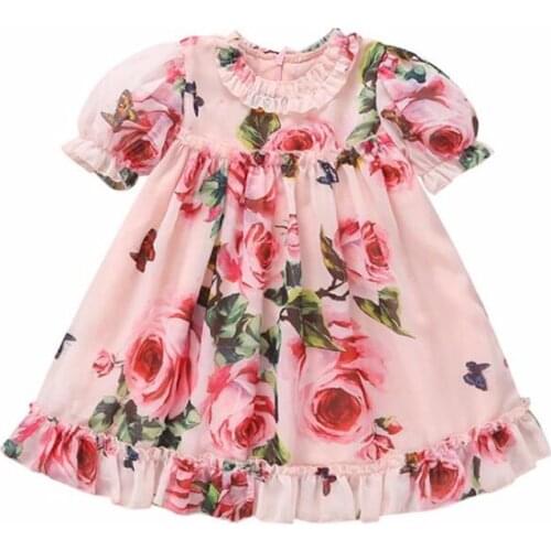 2021 New Summer Infant Kids Dresses For Girls Baby Short Sleeve Ruffled Printed Chiffon Dress Holiday Party Formal Girls Dress