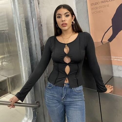 2021 Womens Long Sleeve Top Round Neck Solid Color Pullover Ladies Crop Top Sweatshirt Tee Tops Sexy navel slim hollow T-shirt