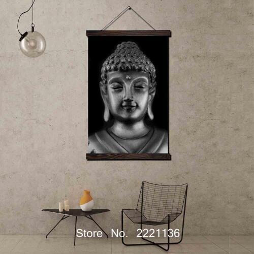 Black Buddha Tradition Framed Scroll Painting HD Wall Art Hanging Canvas Painting HD Printed Pictures for Living Room Decoration