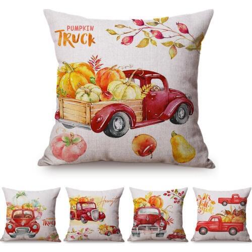 Thanksgiving Pumpkin Farm Truck Autumn Harvest Watercolor Art Car Sofa Decorative Throw Pillow Cover Cotton Linen Cushion Cover