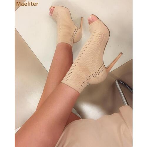 Graceful Ladies Beige Army Green Open Toe Short Boots Elastic Knitting Boots Small Hole Hollow Out Breathable Dress Boots Pumps