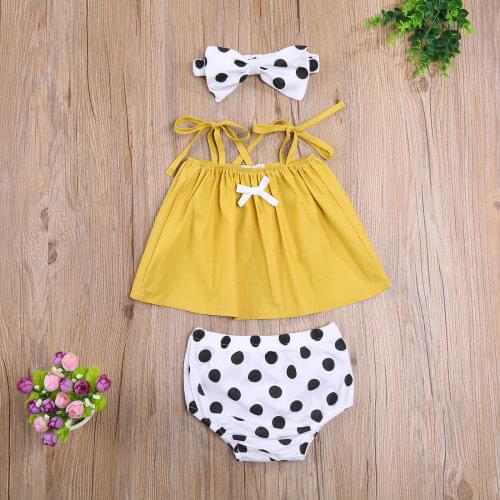 Pudcoco 3Pcs Baby Girl Clothes Summer Outfits Self-Tie Strap Tank Solid Color Tops + Polka Dot Bloomers + Headband Set