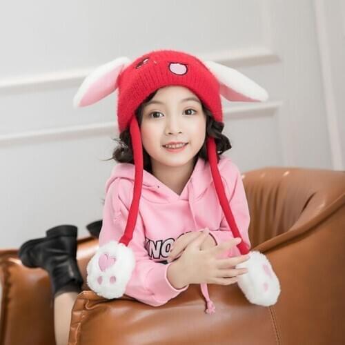 Kids Cute Rabbit Face Embroidery Knitted Hat with Airbag Moving Ears