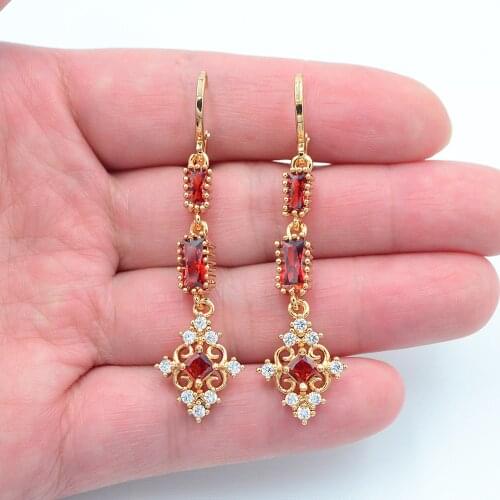 Gold Color Fashion Red CZ Zirconia Wedding Earrings for Women