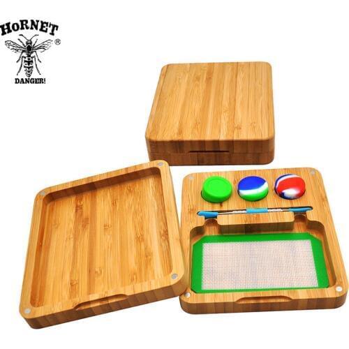 HORNET Bamboo Rosin Storage Set -3 Oil Wax Jar +1 Stainless Steel Spoon +1 Silicone Baking Mat +1 Bamboo Magnet Rolling Tray