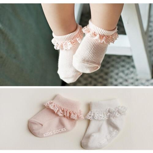 Sweet Princess Baby Girls Socks Cotton Ruffles Ankle Length Baby Calcetines Pink/White for 0-4 Years 1 Pair