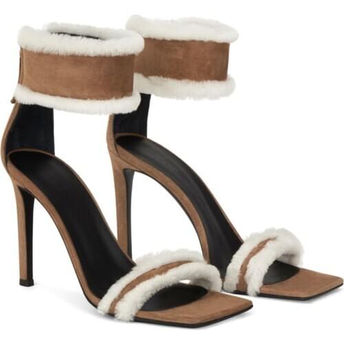 Summer 2021 New Women Sandal Plush Shoes Square Head High Heels Womens Thin Heel Suede Sandals Gladiator Sandalias Mujer Pumps