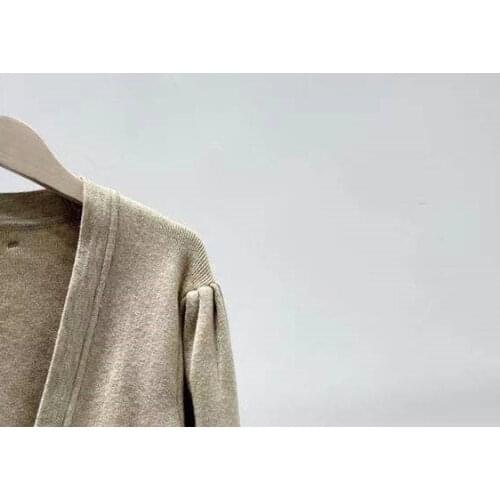 Solid Color Women Sweater Puff Sleeve V-neck Loose Single Breasted Knitted Cardigan with Pockets Autumn Winter 2021