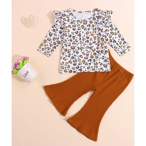 Autumn Fall Newborn Clothes Printed Ruffle Shoulder Pullover Solid Flared Pants Girls Baby Clothing