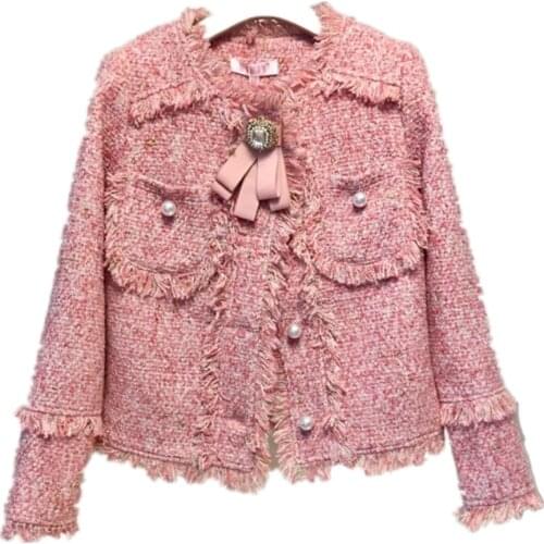 Women Vintage small fragrance Woolen Tweed Coat spring autumn Peals Single-breasted Pocket Diamond Bow Wool Jacket