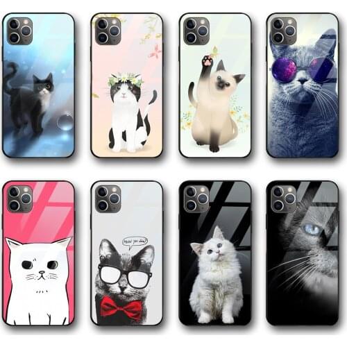 Luxury Funda Case for iphone 12 Case for iphone 12 11 Pro XS Max mini XR X 7 8 6 6s Plus SE 2020 Vogue Cute Cat Glass Shell Case