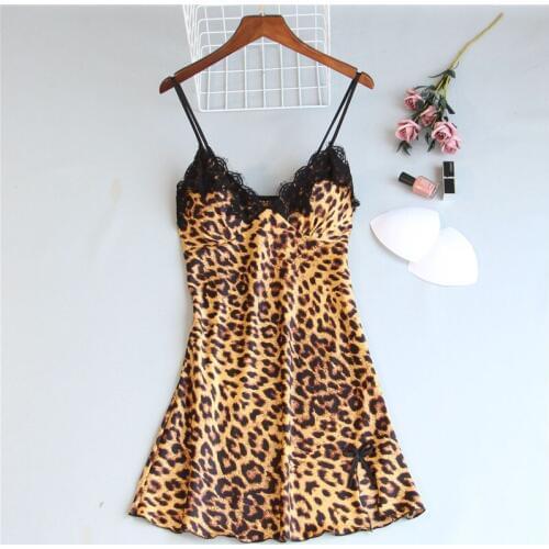 Sexy Lingerie Women Nightdress Leopard Faux Silk Robe Dress Babydoll Nightgown Sleepwear Female Night Dress With Chest Pad