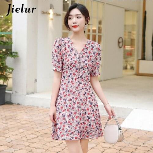 Jielur Chiffon Women Dress Short Sleeve Print V-neck Slim Summer Dress Elegant Vestidos High Waist A-line Dresses Robe Femme
