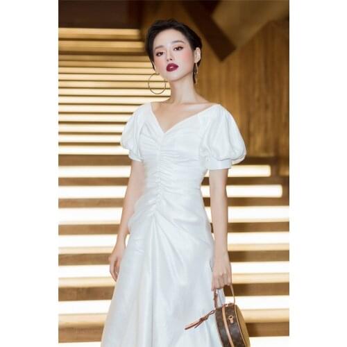 High Quality White Women Summer Newlife Lantern Sleeve Shirring A-LINE Mid-Calf Celebrity Sexy Women Dress Evening Party Dress
