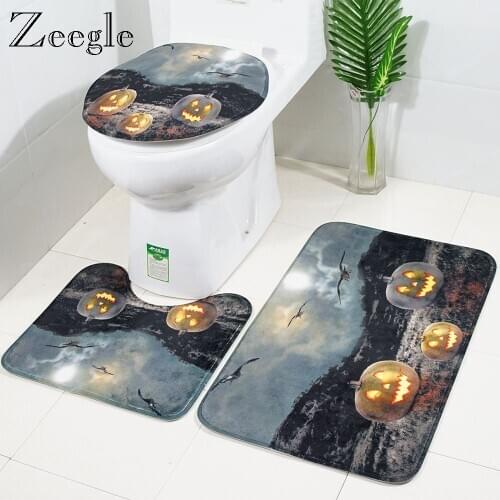 Zeegle 3pcs Bath Mat Set Halloween Mat for Toilet Decor Bath Mat Doormat Floor Rug Pedestal Rug Toilet Seat Cover Modern Mat