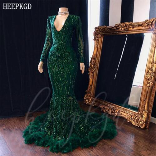 Green Long Sleeve Feather Sequin African Evening Dress V Neck Mermaid Shiny Graduation Dresses Plus Size Prom Party Gowns