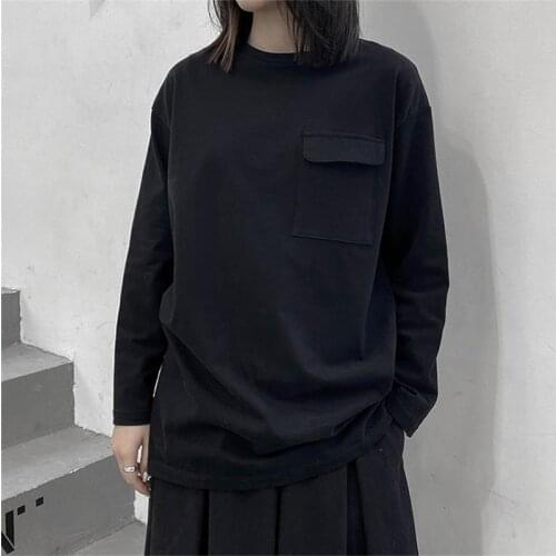 Ladies spring and Autumn new plus-size retro round collar loose fashion solid pocket long sleeve T-shirt