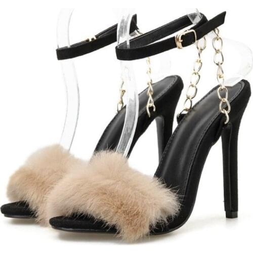 Ladies Summer Shoes Fashion One-word Buckle Open Toe Dress Party Stiletto Sandals Metal Chain Decoration Black Heel Women