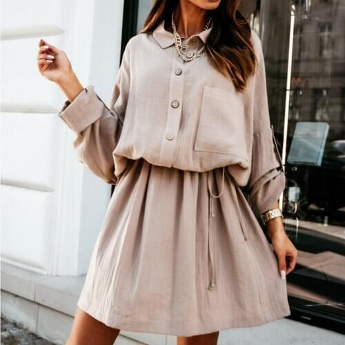 Women Fashion Shirt Dress Casual Turn-down Collar Batwing Sleeve Single Buttons Drawstring Mini Dress Elegant Solid Party Dress