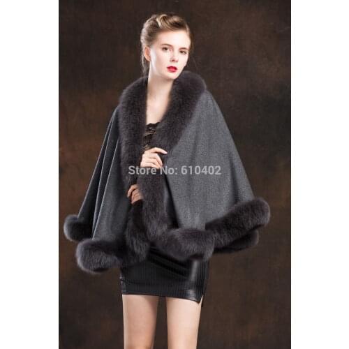 Ladys Genuine Real Cashmere Genuine Fox Fur Coat "A" word style Cloak Poncho/shawl//cape Wraps