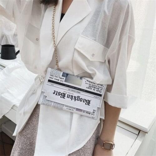 Women Ingenious Shoulder Bag Newspaper Pattern Chain PU Ins Fashion Envelope Clutch 2021 Exquisite Daily Retro White Crossbody