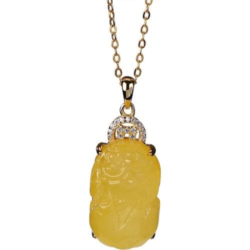 S925 sterling silver gold-plated natural amber pendant retro personalized coin ladies clavicle chain pendant