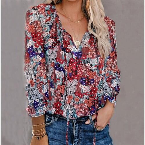 Women Chiffon Elegant Blouses V Neck Long Sleeve Floral Print Lace Up Spring Autumn Blouse Tops Shirts Female Blouses For Women
