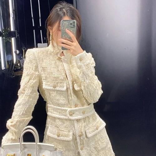 Brand Luxury Design Tweed Midi Jacket Waistband Women Fall Winter Beaded Coat Long Sleeve Stand Neck Top Jacket Brand Clothes
