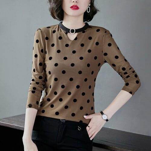 Dots Long Sleeved Korean Fashion Spring Autumn Summer Vintage Clothes For Women T-Shirt Tops Blouses Vetement Femme 2021