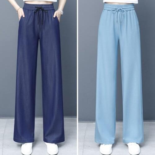 Tencel Denim Wide-Leg Pants Womens 2021 Summer Thin High Waist Slack Loose Thin Ice Silk Casual Ice Silk Trousers Jeans