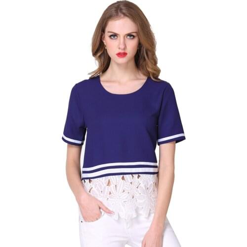 Women Tops Lace Patchwork Summer Blouses O-neck Striped Short Sleeve Casual Shirts Blouse Women Outerwear T3249