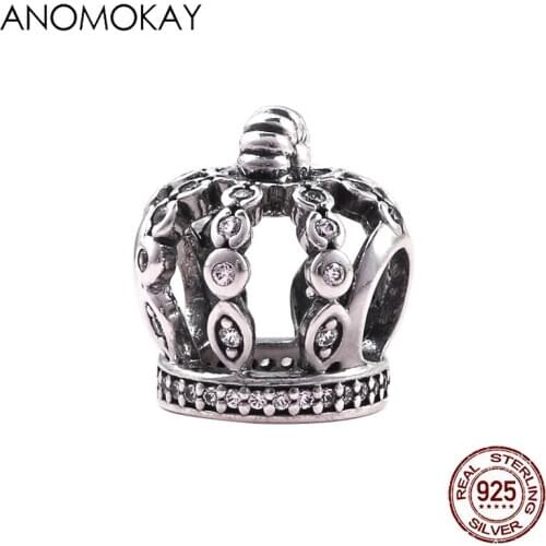 Anomokay 100% Sterling 925 Silver Fairy Tale Crown Charm for Women Girl Bracelet Bangle White CZ S925 Silver Royal Crown Beads